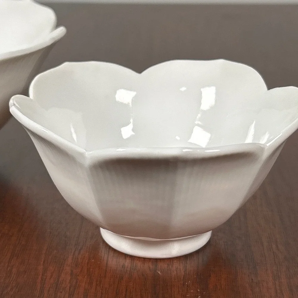 Vintage Japanese White Porcelain Lotus Flower Scalloped Nesting Bowls Set of 2
